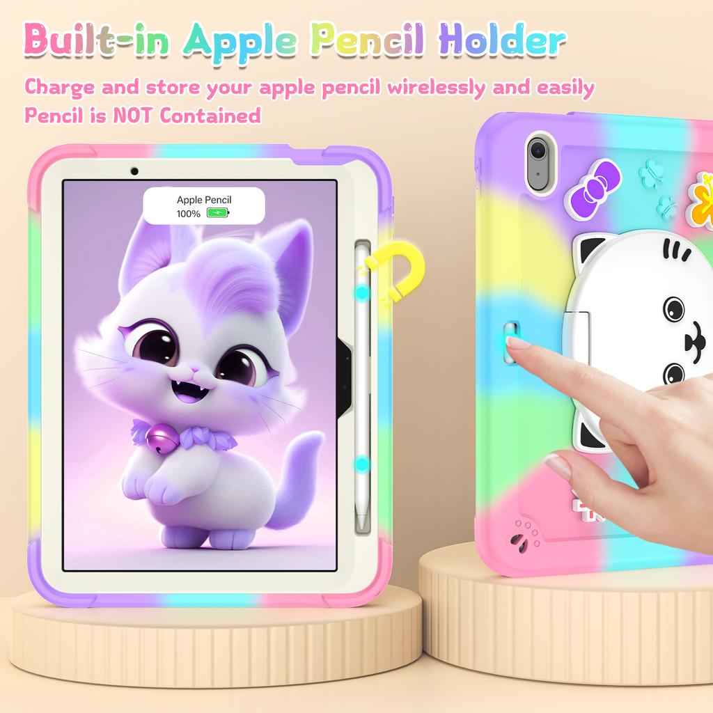 For iPad Air 11 (2025)/(2024) Case with Cat Kickstand PC + Silicone Colorful Tablet Cover
