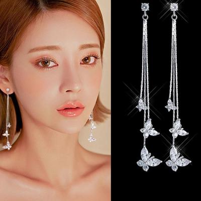 Korean Temperament Crystal Pendant Butterfly Tassels Long Dangle Earrings for Women Luxury Sweet Jewellery Accessories Gifts