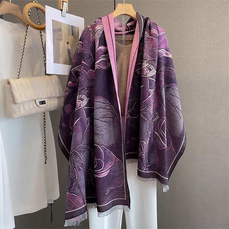 Design Oil Floral Printde Cashmere Scarf Women Winter Pashmina Shawls And Wraps Thick Warm Bufanda Stoles Blanket Luxury