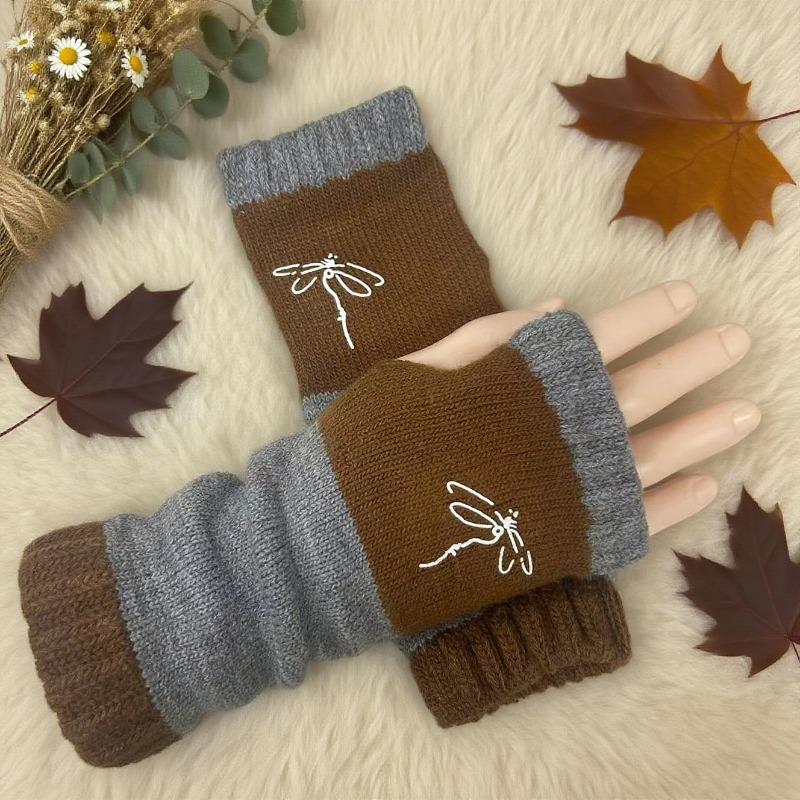 Gants en tricot sans doigts avec broderie de chat et patchwork, Gants décontractés ouverts aux doigts tendance pour femme, Mitaines chaudes d'hiver sans doigts