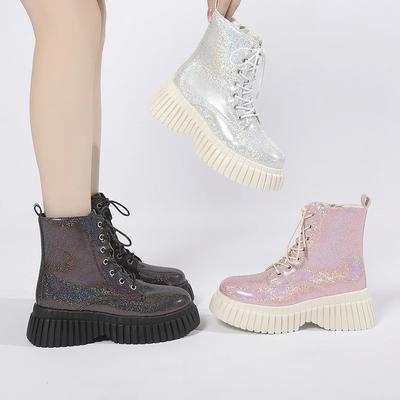 Fashion Korean Fashion Sparkling Sequin Lace Up Boots Wedge Thick Soled Shoes Autumn Winter Woman Warm Platforms Ankle Boots
