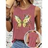 Women's sleeveless vest T Shirt Yellow-green floral butterfly print casual round-neck top Soft, skin-friendly, breathable, comfortable, machine