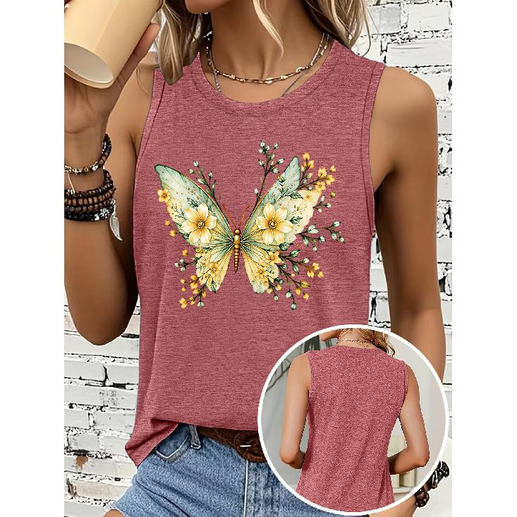 Women's sleeveless vest T Shirt Yellow-green floral butterfly print casual round-neck top Soft, skin-friendly, breathable, comfortable, machine