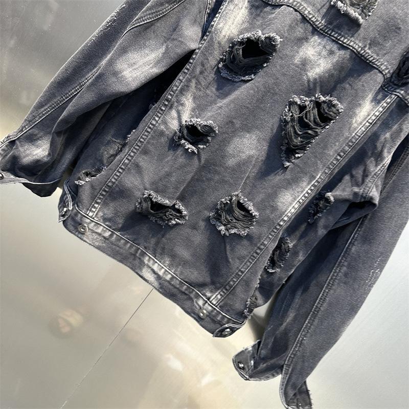 American retro high street old washed denim jacket women's spring and autumn wasteland wind trend ripped jacket top