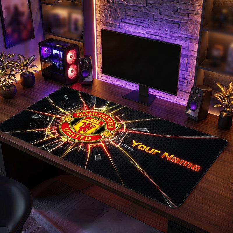 Tappetino per Mouse Grande Personalizzato Manchester United, Stampa Testo Nome Personalizzato, Tappetino da Scrivania Antiscivolo con Logo Calcio, Regalo per Gamer