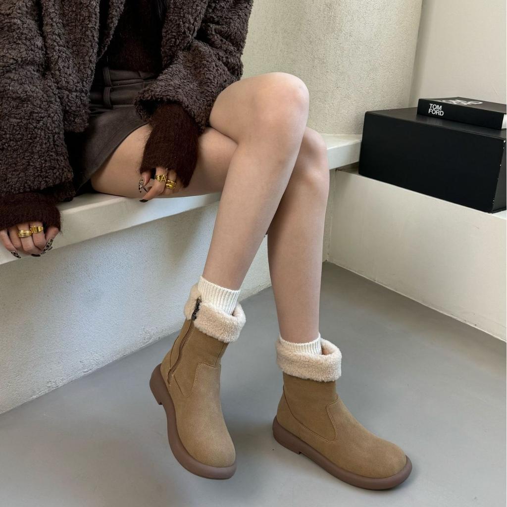 Thick-soled matte leather snow boots women's shoes 2025 new autumn and winter piled thickened cotton shoes warm fluffy boots short boots