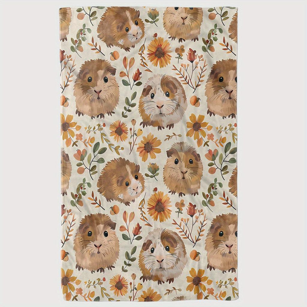 1pc Cozy Flannel Blanket with Adorable Guinea Pig & Floral Design - Soft Warm Throw for Sofa, Bed, Office - All-Season Gift