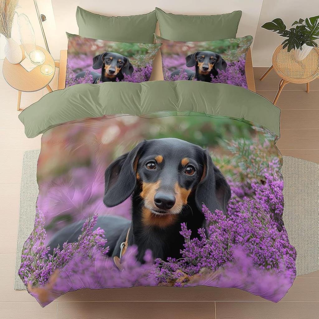 Cute Colorful Dog Duvet Cover Set, Dachshund Dog Bedding Set, Cartoon Polyester Quilt Cover, Pet Dog Home Textiles King Queen