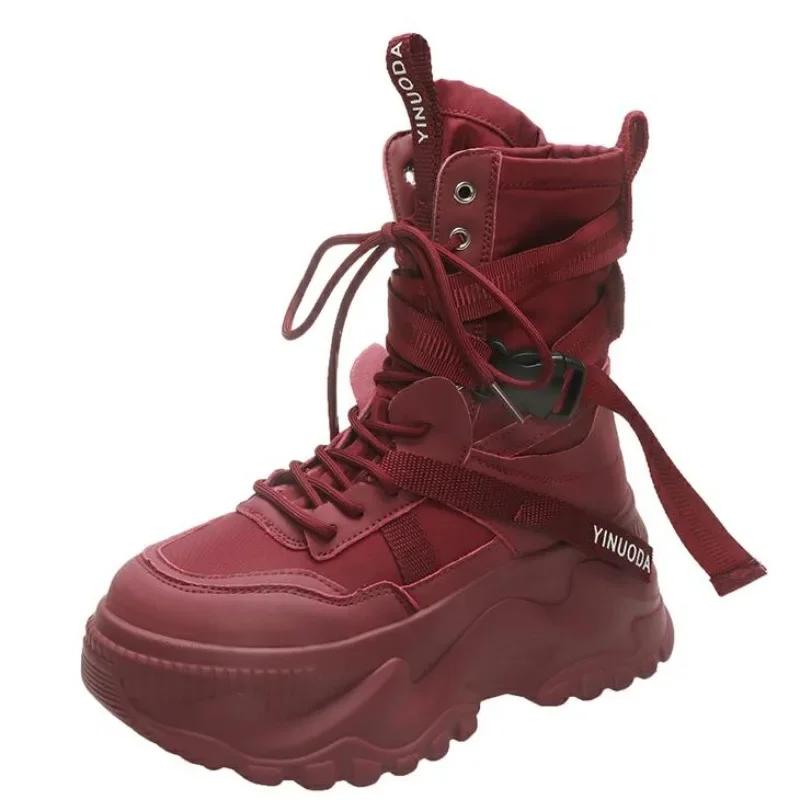 Móda Horká Móda Dámské Robustní Platformové Motorkářské Boty Bílé Šněrovací Boty se Silnou Podrážkou Dámské Podzimní Zimní Kotníkové Boty De Mujer