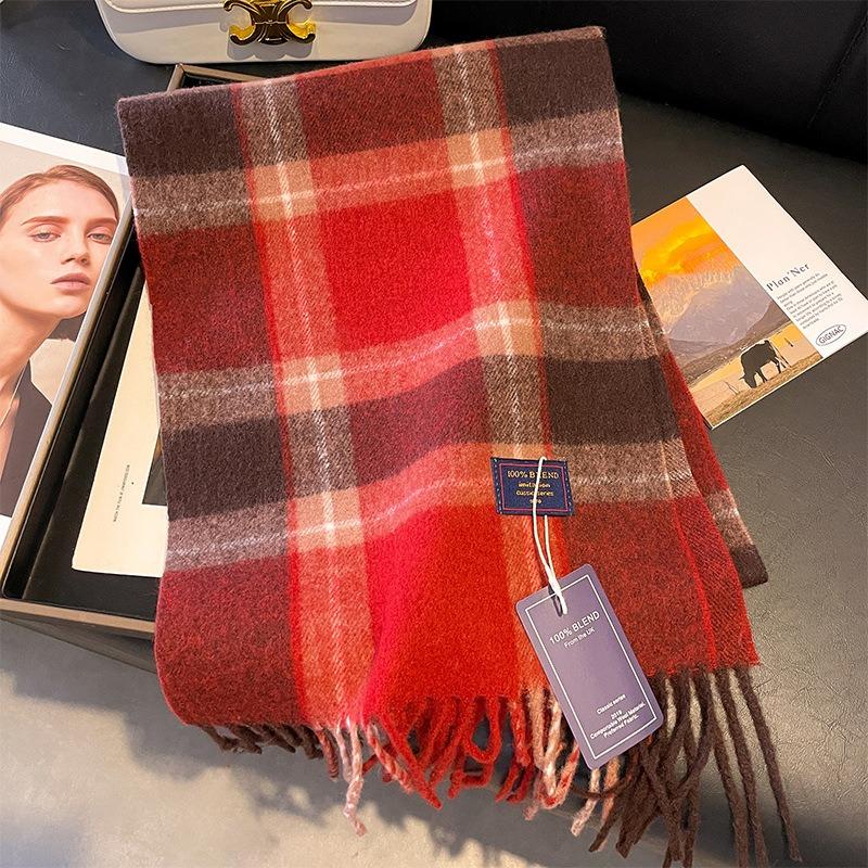 Milk Coffee Plaid Scarf Women's Winter Double-sided Imitation Cashmere Student Scarf Fringed Versatile Retro Plaid Shawl