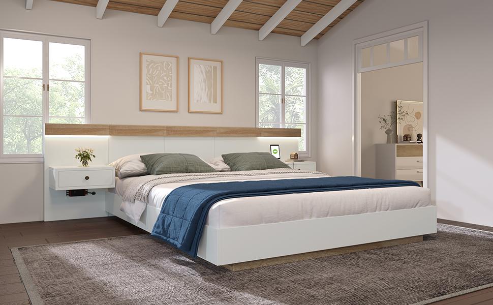Doppelbett mit 2 LED-Nachttischen & USB-C-Steckdose 160 x 200 cm Holzbett, Schlafzimmer-Set--205x264x90.5 cm(T/B/H) in Sonoma Eiche/Weiß(Keine Matratze)