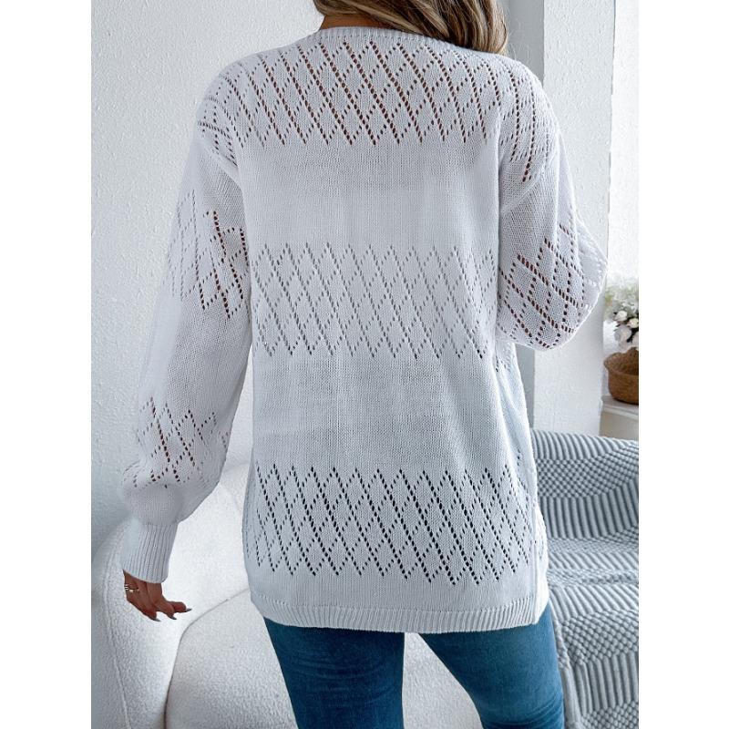 Women European American Casual Solid Hollow Out Lantern Long Sleeve Cardigan Sweater Coat