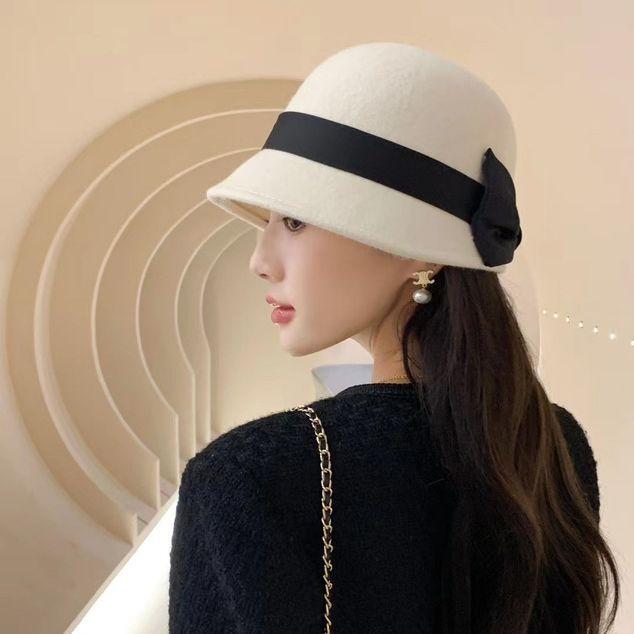 Japanese woolen top hat women's autumn and winter retro Hepburn style small edge basin hat elegant women's bow bucket hat
