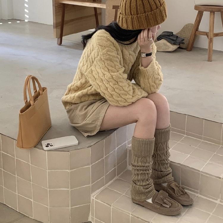 Korean Turn Cuff Leg Warmers for Women Cable Knit Stretchy Footless Socks Students Solid Color Boot Covers Streetwear