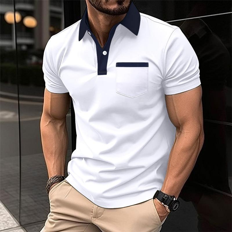 Men's Korean-Style Casual Lapel Fashion Slim-Fit Polo Shirt Pocket Patchwork Solid Color Short-Sleeve Top