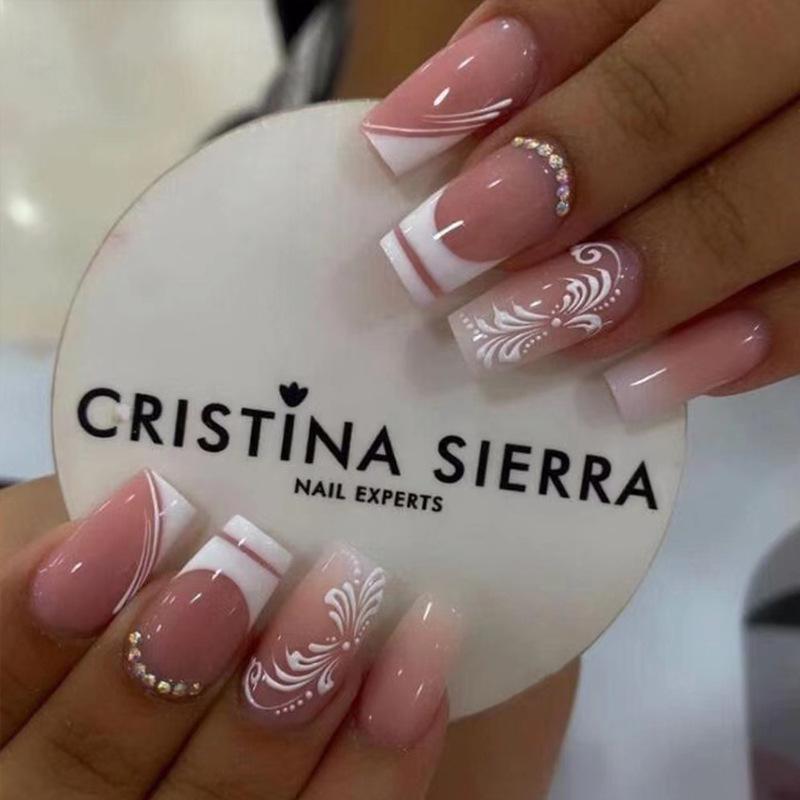 

Medium Long White Patterned Diamond Nude Nail Art Stickers Glue Type