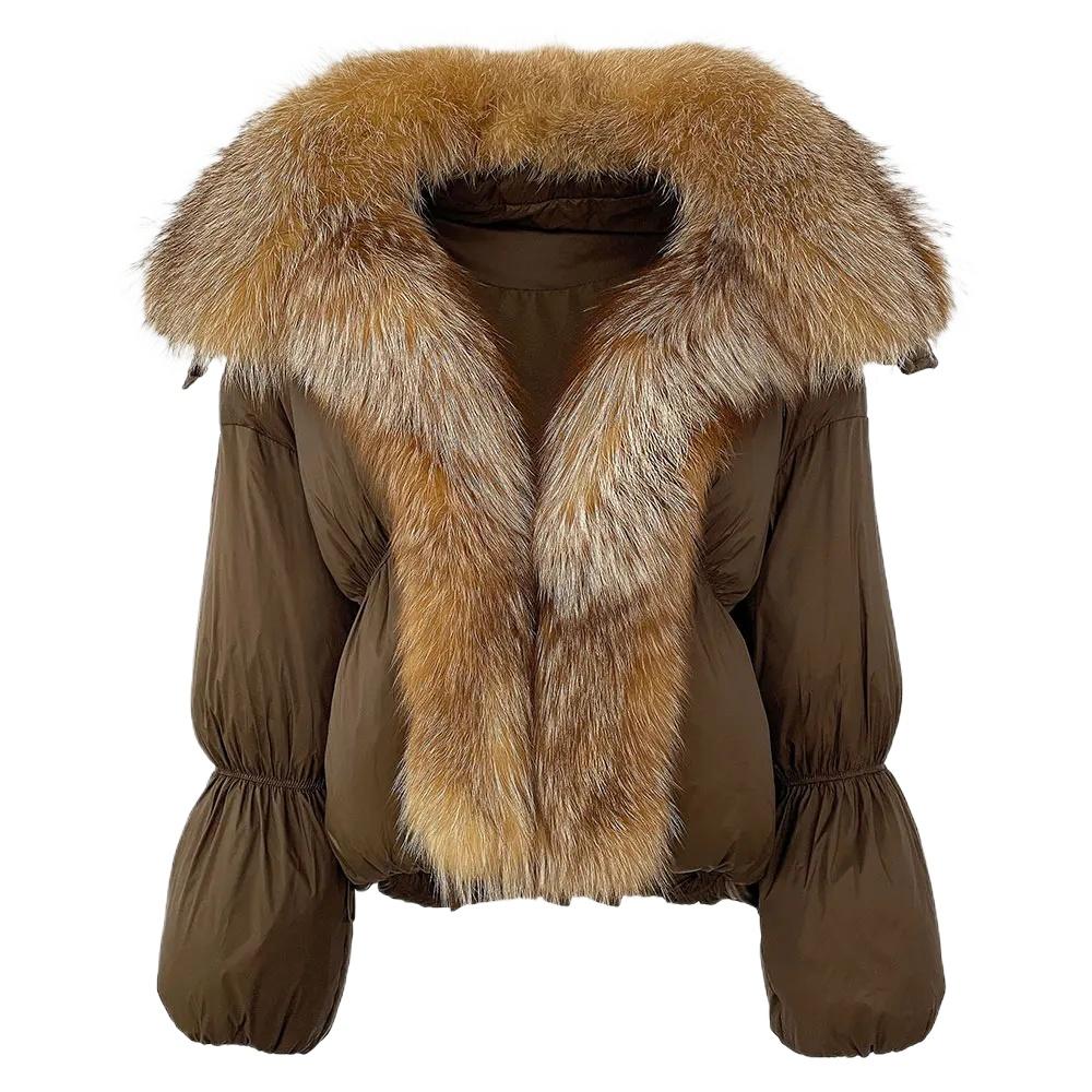 

OFTBUY Зимняя куртка женская большая настоящая лисья меховая енотовая воротник натуральный теплый утиный пух пальто короткая верхняя одежда уличная свободная повседневная одежда M