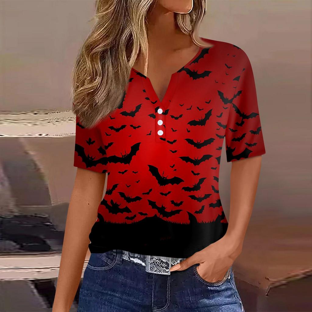 Women's T Shirt Halloween Print Button Short Sleeve Daily Weekend Fashion Basic V- Neck Regular Top