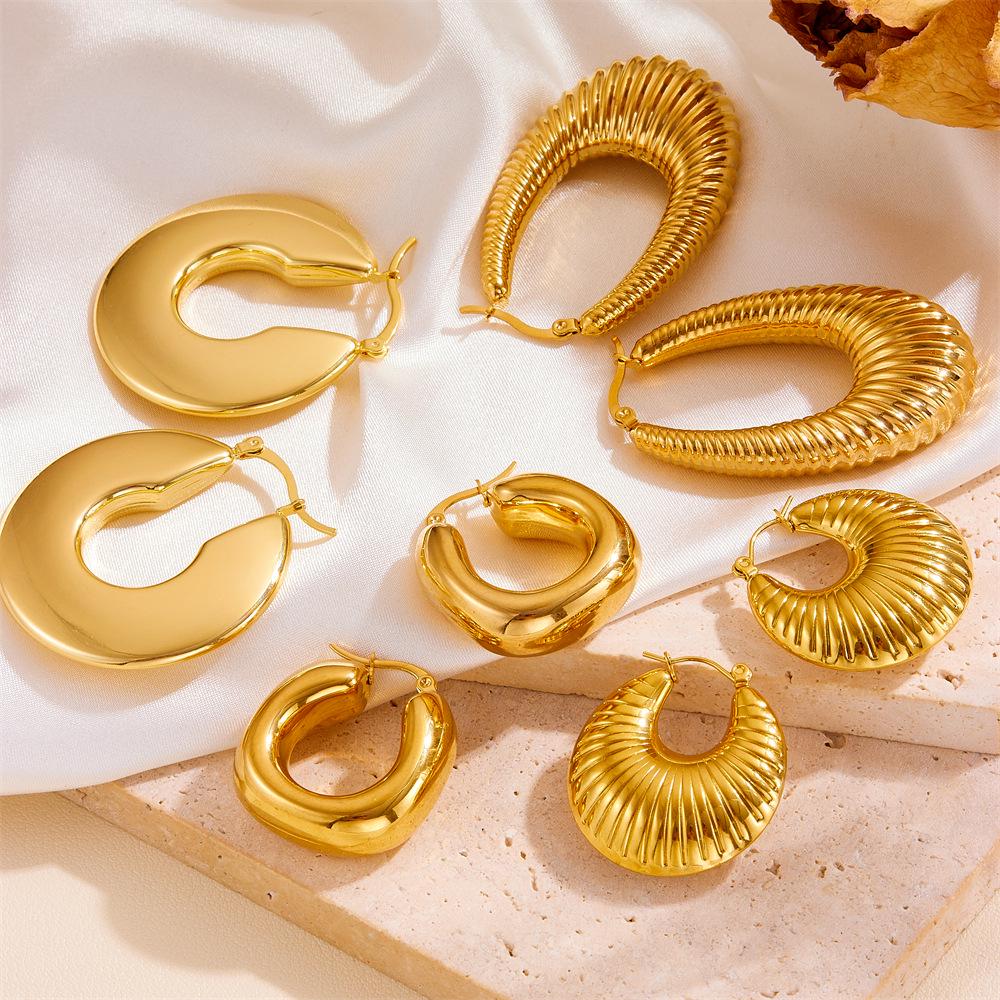 European Style 18K Gold Stainless Steel Threaded Hollow Earrings