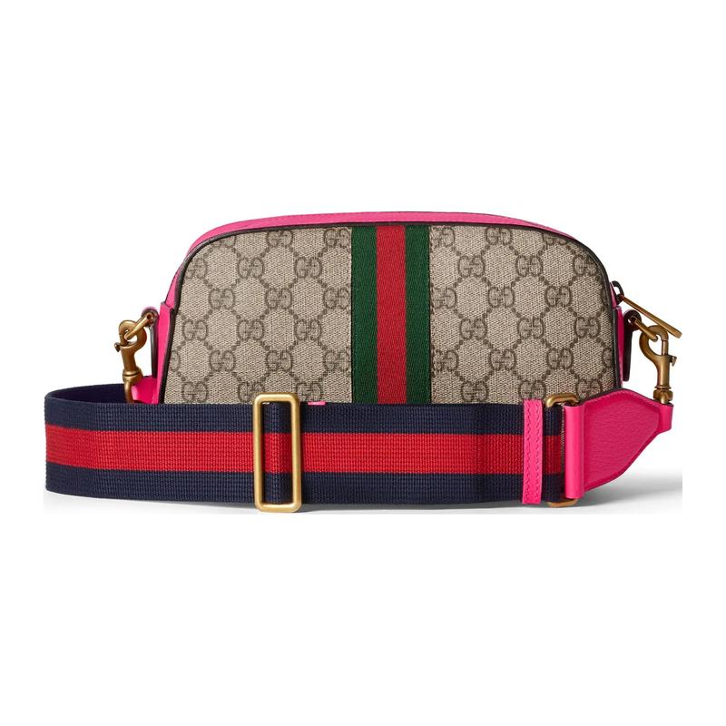 Gucci Ophidia Distressed Removable Shoulder Strap with Zipper Closure Canvas and Leather Crossbody Shoulder Bag Small Women's Beige and Ebony and Pink