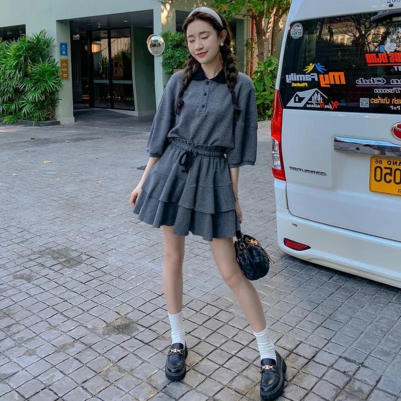Fashion suit skirt women's 2026 summer new polo collar short-sleeved top + thin skirt skirt two-piece set