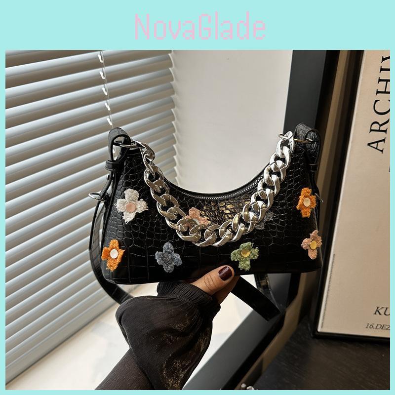 Fashion Flower And Chain Decoration Stone Texture Women Casual Shoulder Bag