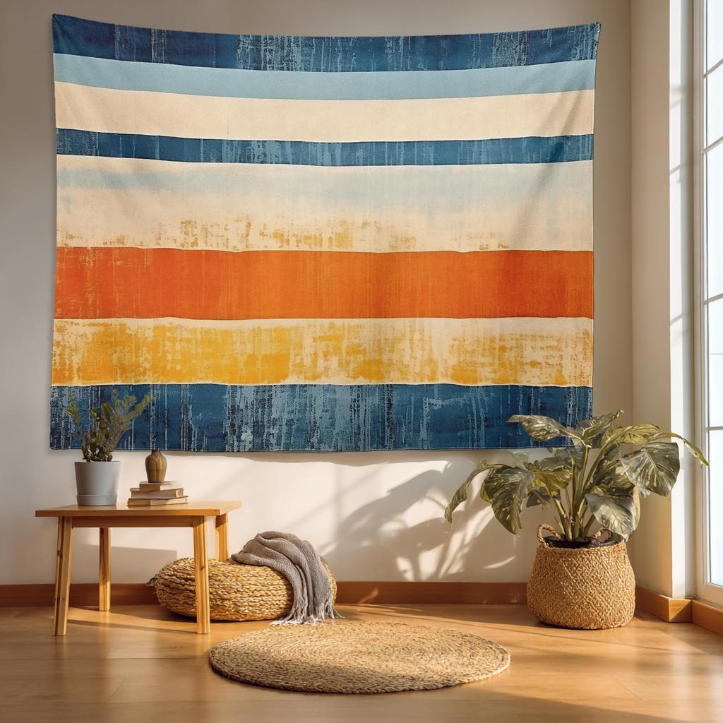 Navy Blue Watercolor Mountains Tapestry, Sky Wall Art Hanging Decoration Polyester Fiber White Ruffled Around For Dorm Room