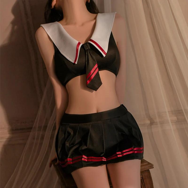 Women Sexy Lingerie Student Uniform College School Girl Cosplay Adult Role Play Costume Black Mini Skirt Erotic Underwear Set