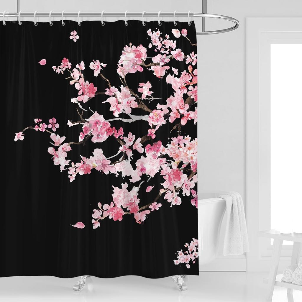 Shower Curtain Pink Cherry Floral Flowers Sakura Plum Blossom Japanese Asian Style Polyester Fabric 12 Pack Plastic Hooks