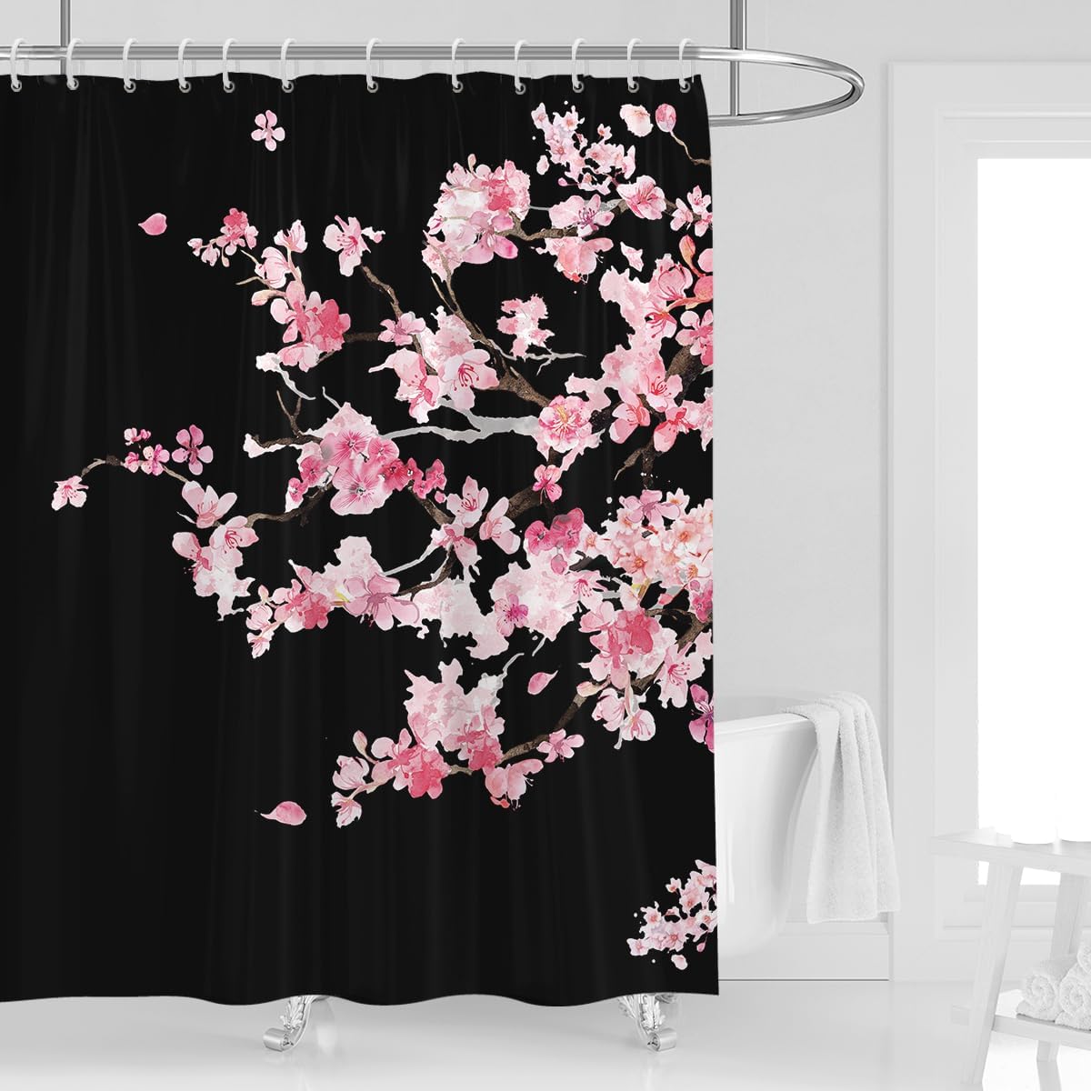 

Cherry Blossom Shower Curtain Pink Flowers Black Background Japanese Art Bathroom Decor Waterproof Fabric Elegant Asian Style W60H190(CM)-1 Pcs