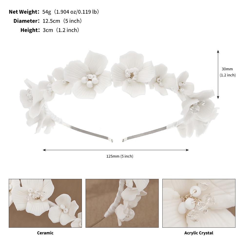 

European Bridal Headband: White Clay Flowers & Crystals