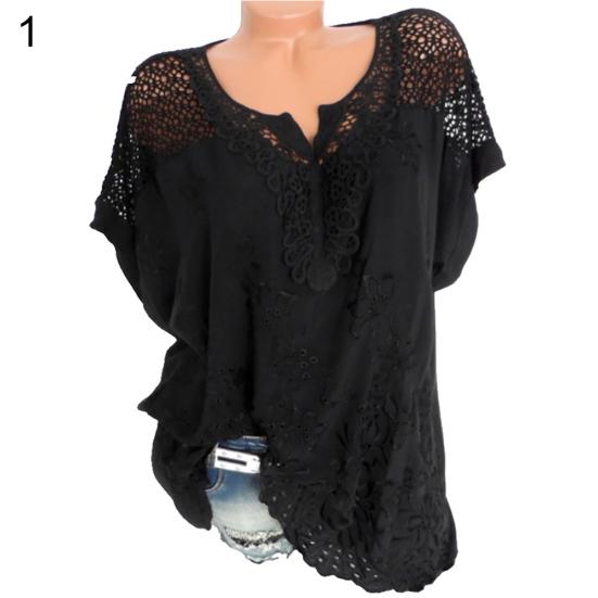 Fashion Women Hollow Out Lace Short Sleeve Blouse Top Summer Casual T-Shirt