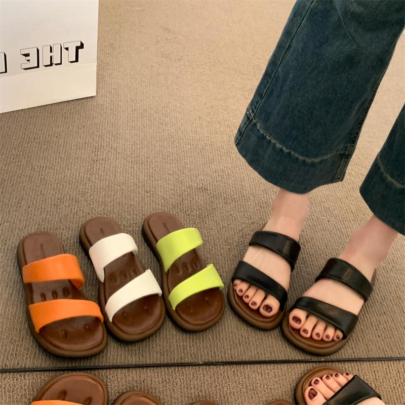 Fashion Fashion Flat Slippers Women's New Summer Outward Wear Round Toe Open Toe Soft Sole Non-slip Wear-resistant Straight Slippers