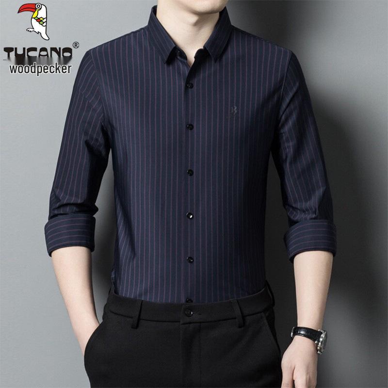 Woodpecker Men's Iron-Free Striped Long Sleeve Shirt – Wrinkle-Resistant, Elastic, Casual Wear for Middle-Aged Men (Spring/Autumn)