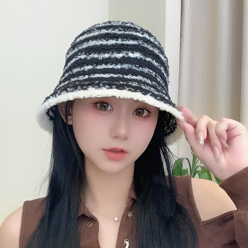 Knitted Fisherman Hat Autumn and Winter Women's Knitted Striped Face Showing Small Basin Hat Daily Casual Versatile Simple Bucket Hat