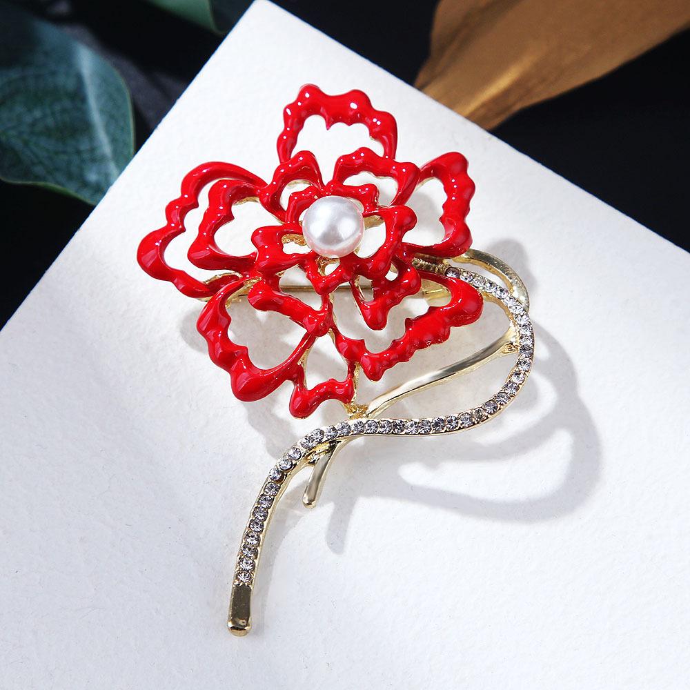 Fashion Pearl Big Red Flower Brooch Original Personality Pure Handmade Oil Drop Coral Corsage Female Accessories Long-Lasting Color Exquisite Brooch