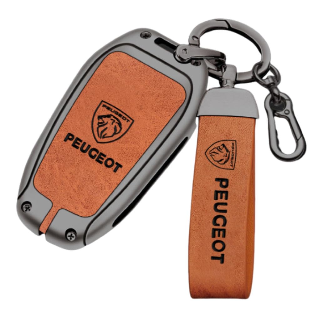 

Чехол для смарт-ключа NextBlue, совместимый с Peugeot, металлический из цинкового сплава, серый, с ремешком, пряжкой и логотипом льва (коричневый)