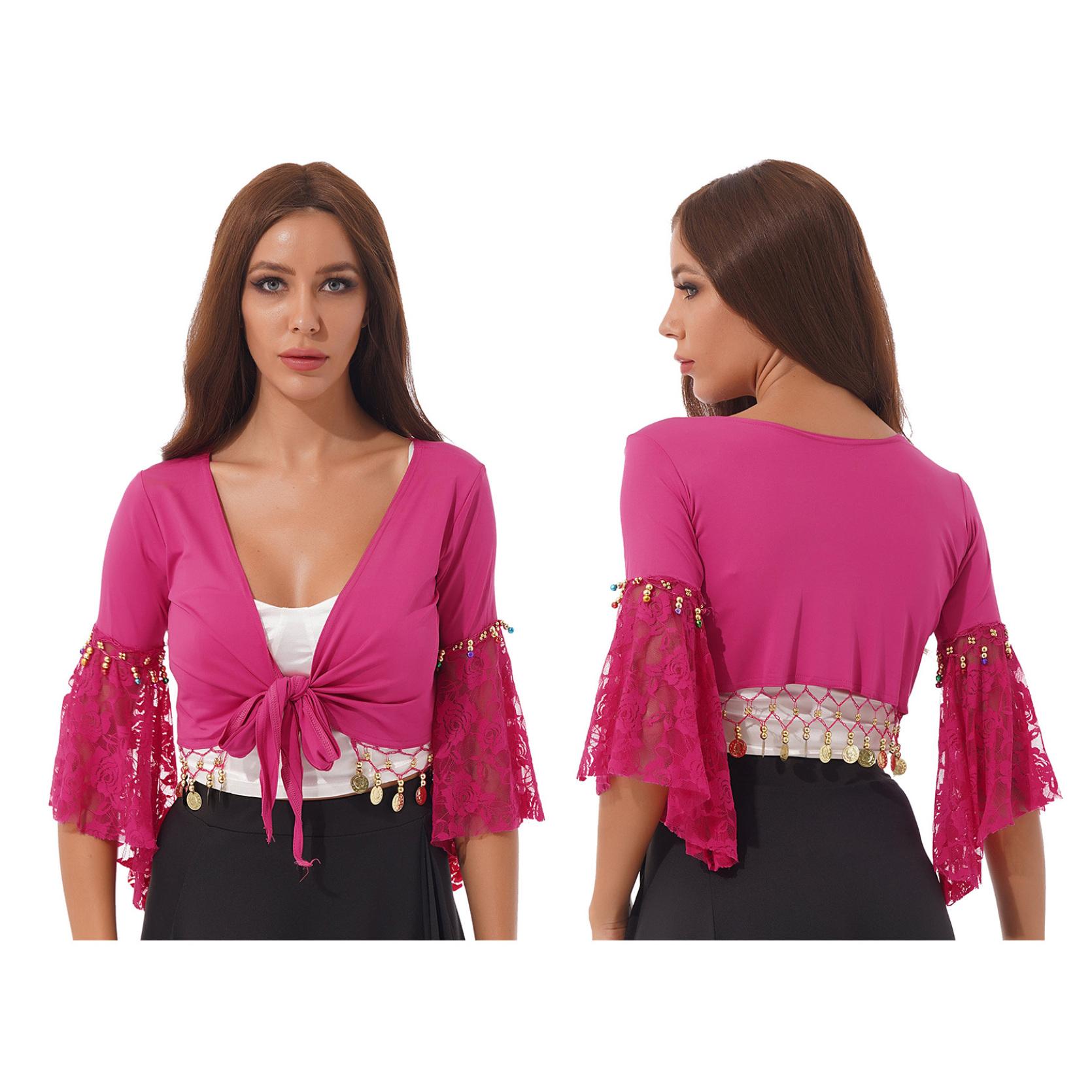 

Костюм для танца живота, кружевные лоскутные топы с шалью и кисточками на шнуровке для сценического выступления, клубная одежда XL горячий розовый