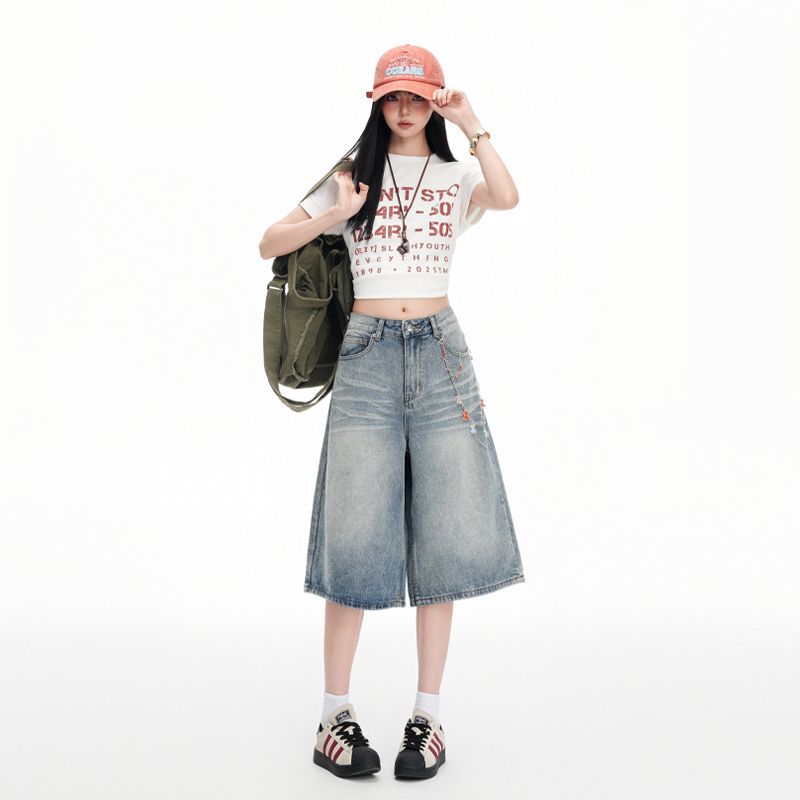 Trendy Summer Light Blue Designer Washed Loose Straight Wide Leg Cropped Capri Denim Shorts For Women Versatile Slimming AllMatch Casual Capri Pants