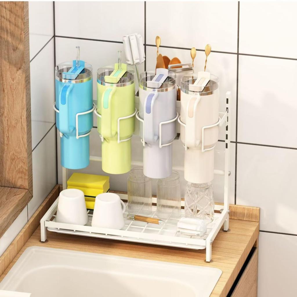 Metal Adjustable Tumbler Drying Rack For Stanley Cup Water Bottle Organizer For Kitchen Countertop White Thermos Holder