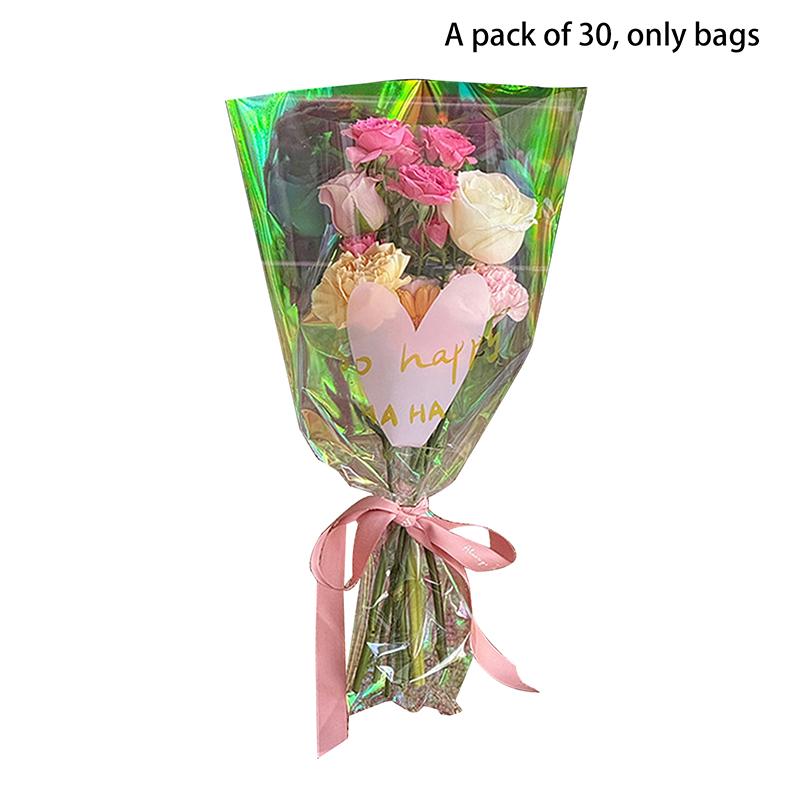 30PCS Love Heart Iridescent Single Rose Sleeves DIY Transparent Flower Wrapping Bag Floral Material Packaging Waterproof