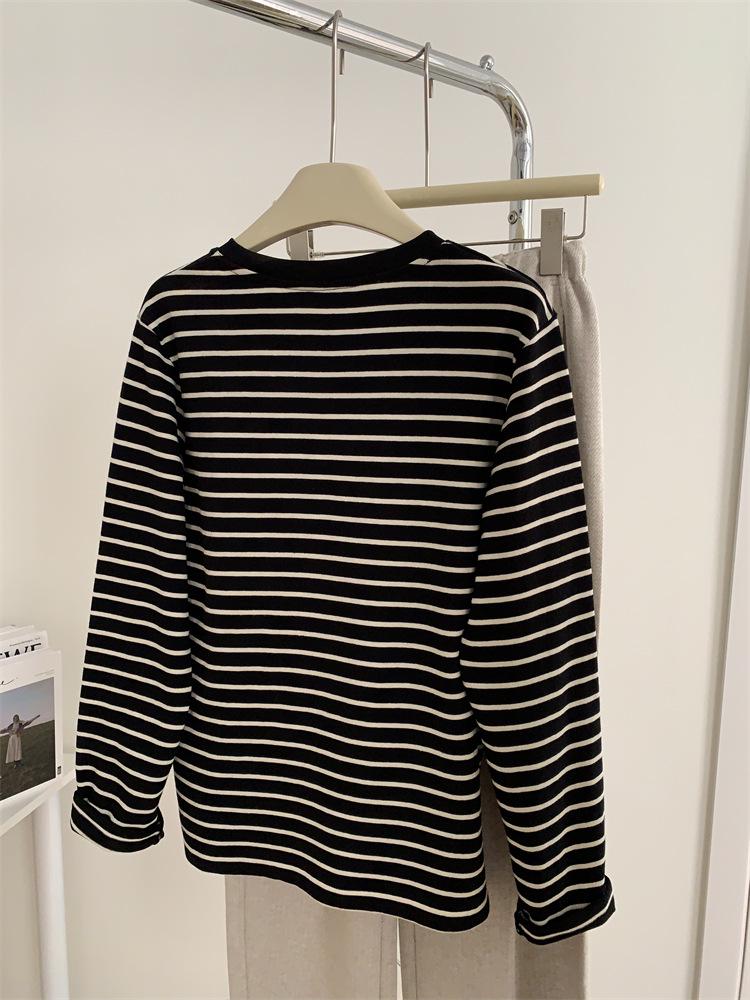 Korean Style Plus Size Striped Round Neck Long Sleeve T-shirt for Women - Autumn Winter Casual Loose Pullover