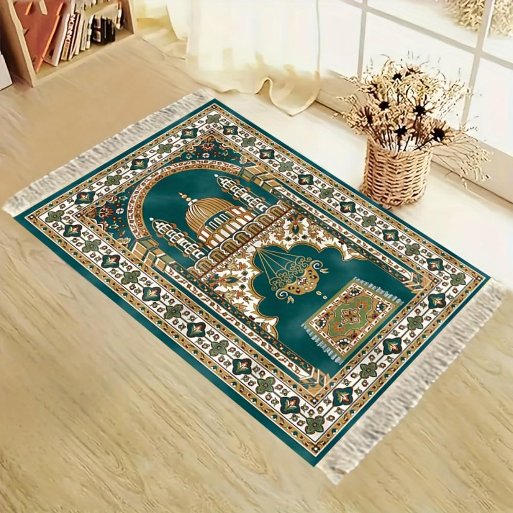 Tapis de prière musulman de luxe, Tapis à motif floral rouge, Tapis de voyage pliable avec pompons pour l'extérieur et l'Aïd du Ramadan, Mubarak