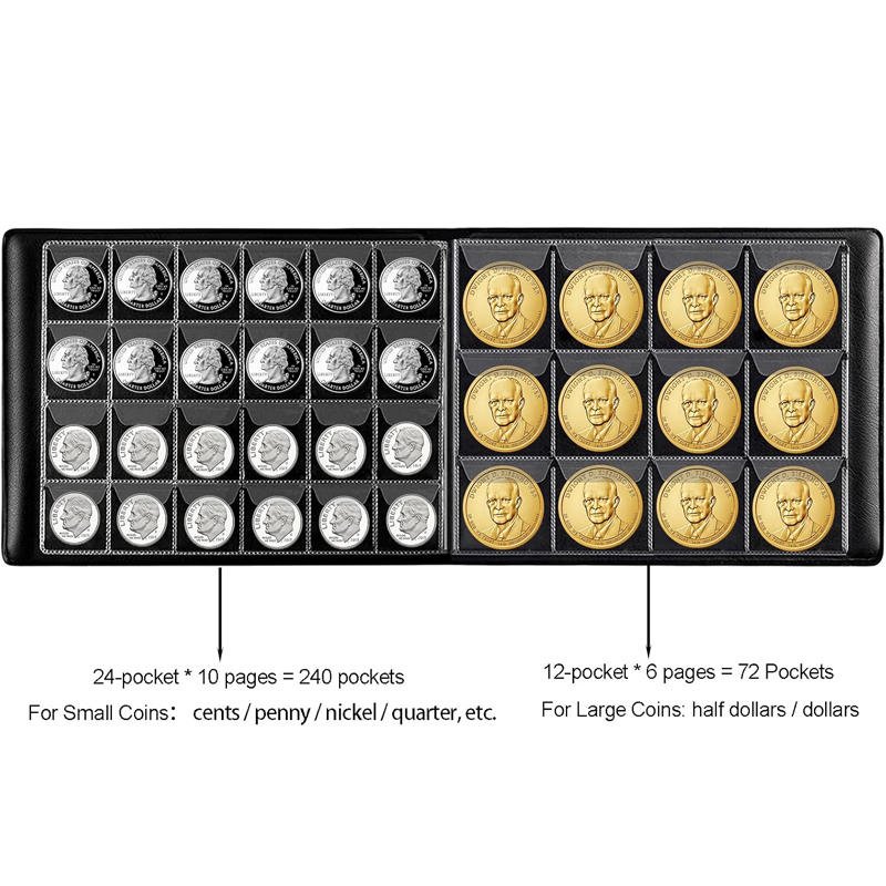 Black 312-Grid Coin Collection Album - Large Small Pocket Combinatio for Commemorative Circulation Coins Protective Display Binder