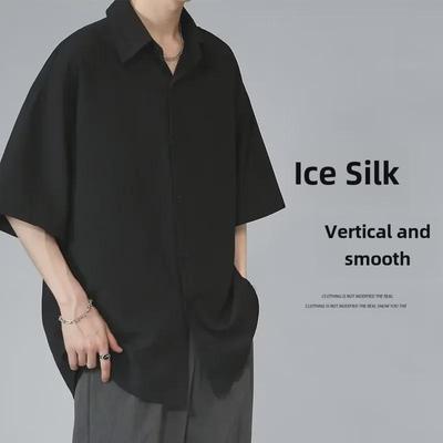 Pánské trendy černé tričko s krátkým rukávem z ledového hedvábí - Letní ležérní volný střih s rukávy pěticípého tvaru