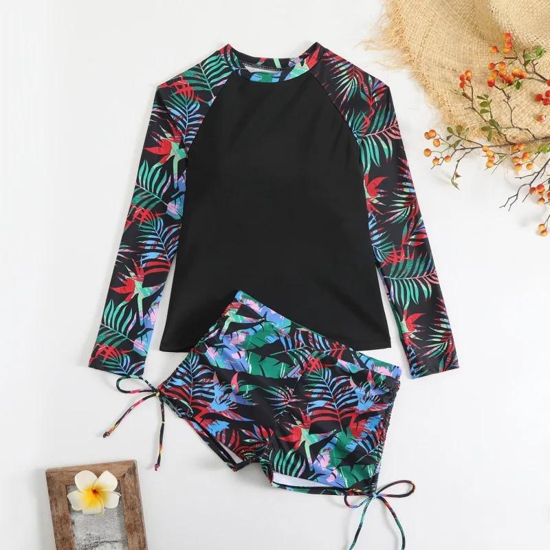 New 2025 Ladies Long Sleeve Printed Bikini Set Separate Tankini Swimsuit Women Fashionable Patchwork Design Swimming Costume