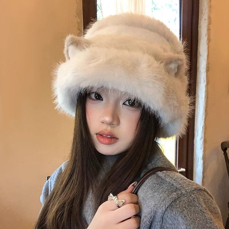 Cute Cat Ears Bucket Hat Women's Winter New Cold and Warm Plush Hat Big Head Circumference Basin Hat