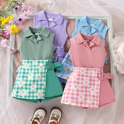 Mädchen Mode Anzug Sommer Kinder Revers Ärmelloses Top + Plaid Patchwork Hosen Rock Anzug