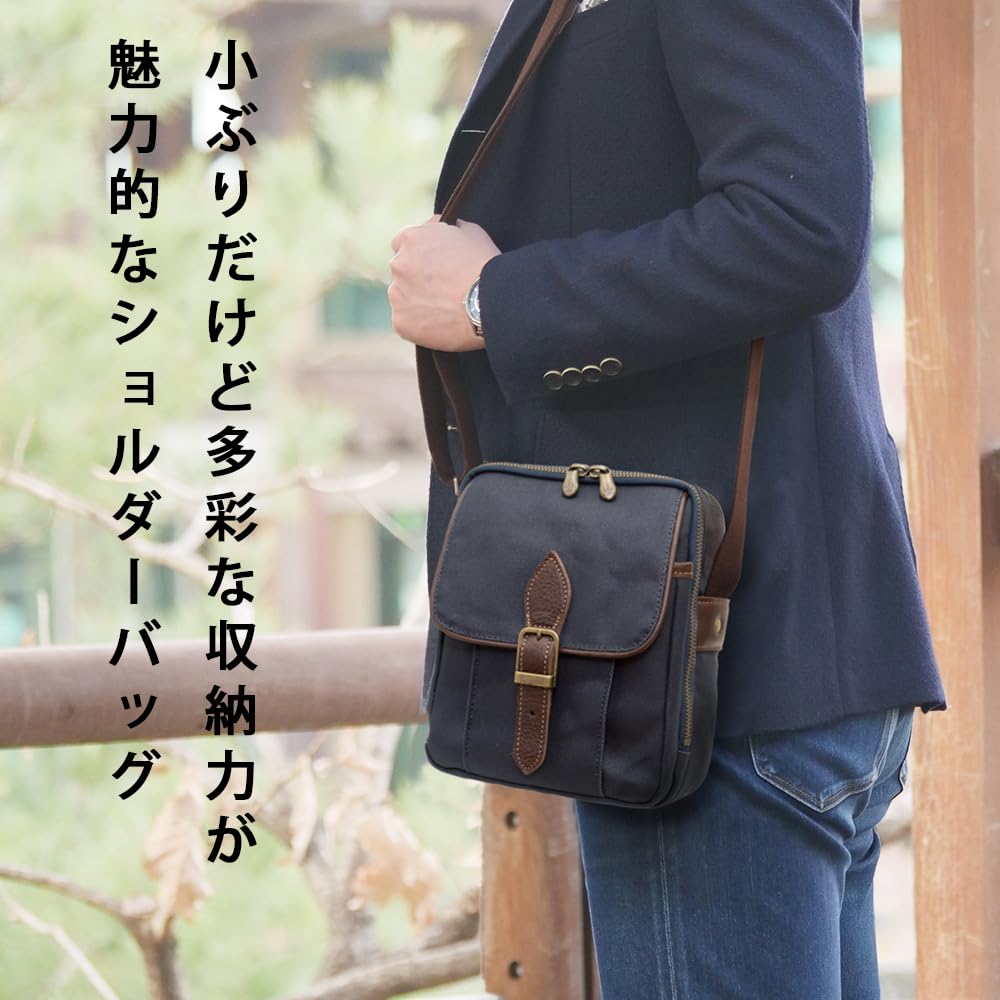 Creare Kiki Men's Vertical Shoulder Bag, B5 Size, Lightweight, Made in Japan, Indigo and Persimmon Dyed Canvas, Multi-Function Pocket Shoulder Bag,