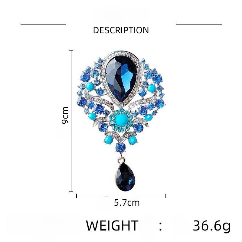 Retro Popular Crystal Big Water Drop Pendant Brooch Temperament Exaggerated Rhinestone Corsage Pin Clothing Accessories